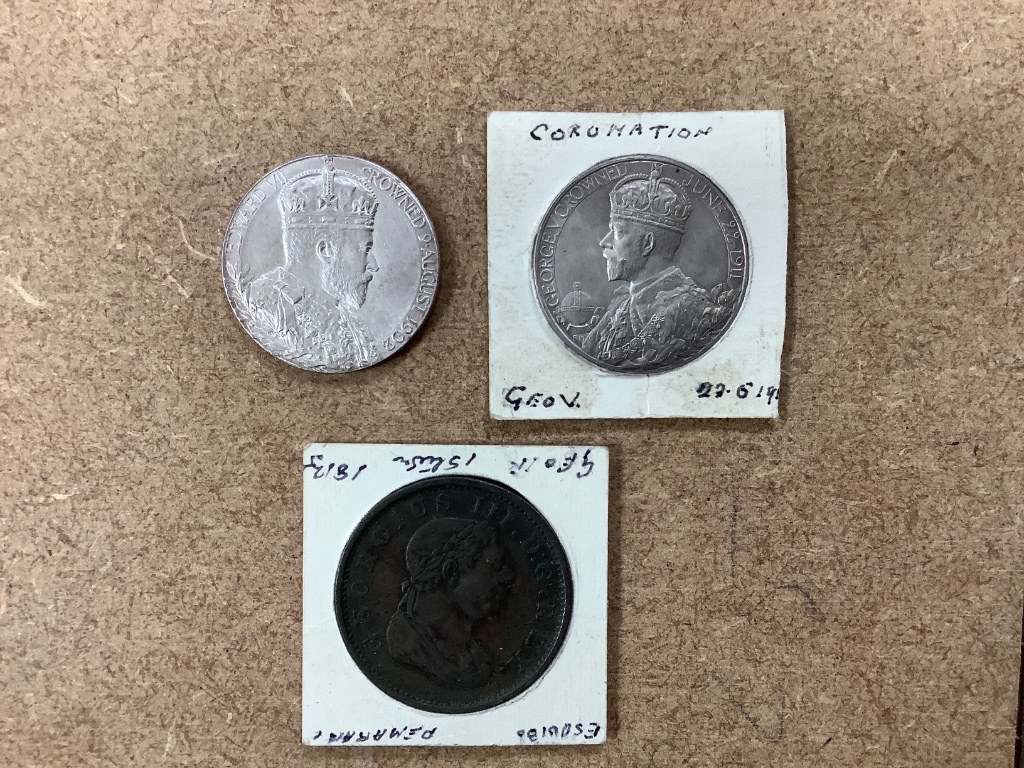 Two silver coronation medals: Edward VII & Queen Alexandria, and George V & Queen Mary, both EF, 31mm and a George III copper One Stiver token, good VF